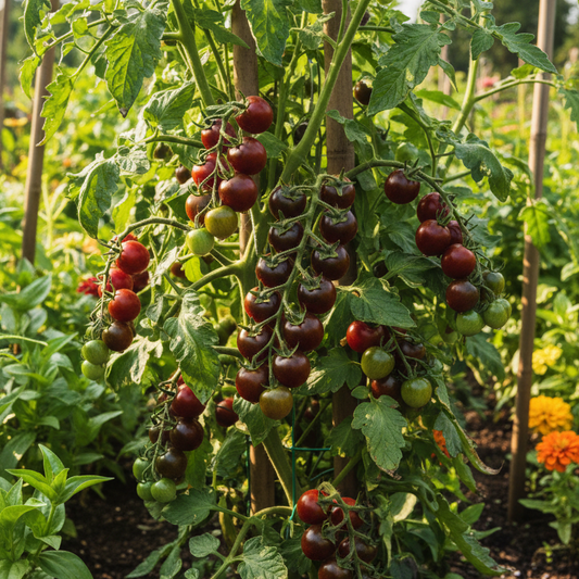 black cherry tomato in a food forest garden